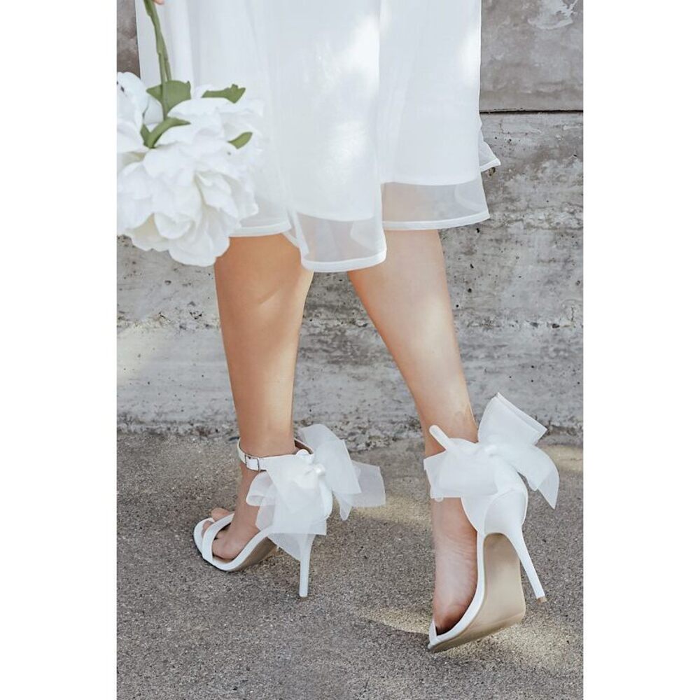 Lulus Ayanna Ivory Satin Bow Ankle Strap High Heel Sandals White - Size 7